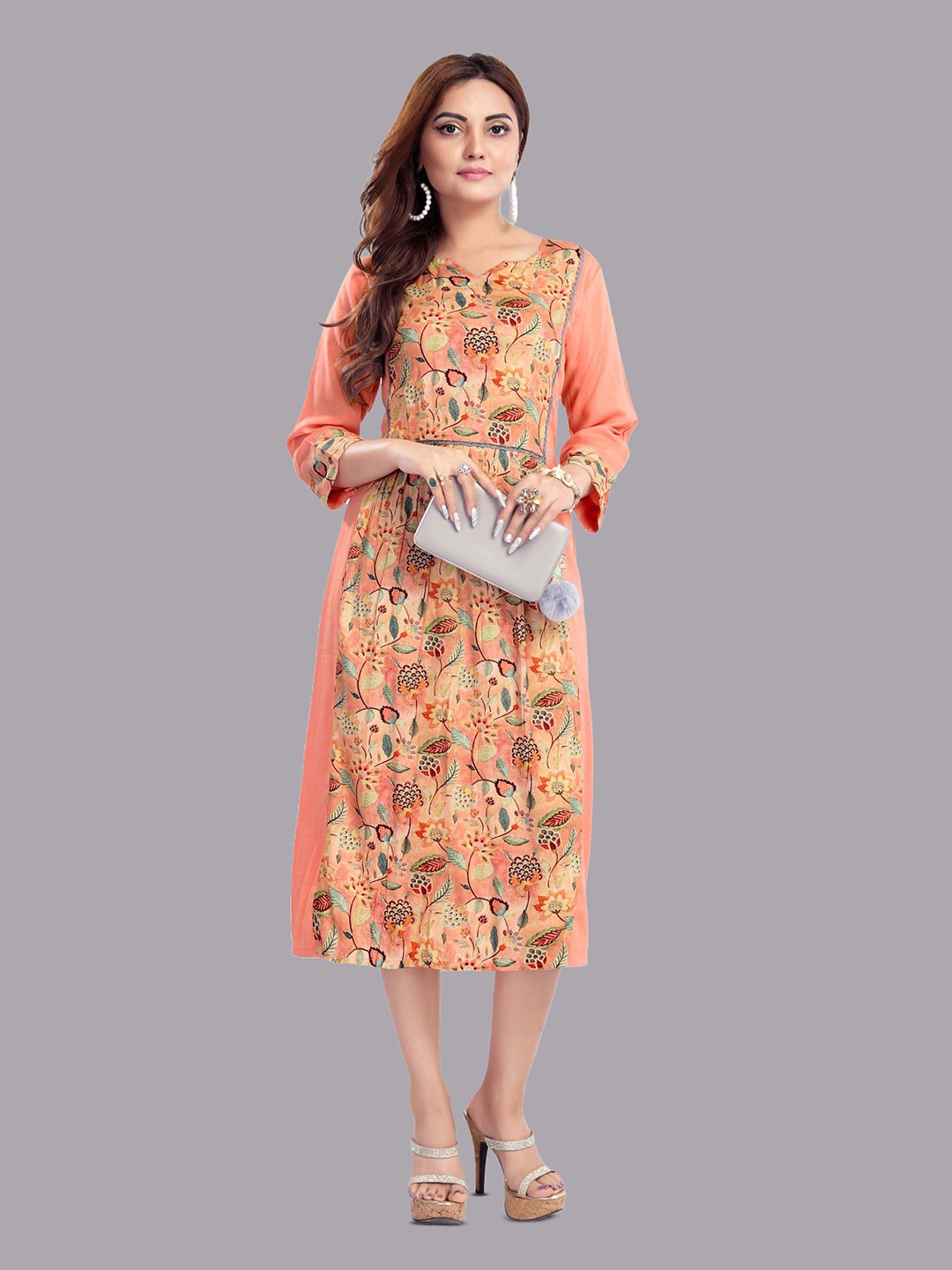 

MAIYEE Floral Print Notched Neck Cotton A-Line Dress, Orange