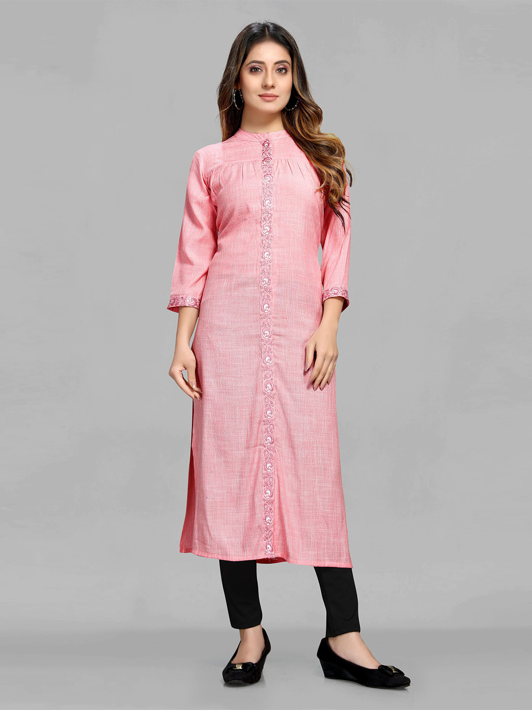 

MAIYEE Embroidered Mandarin Collar Straight Kurta, Pink