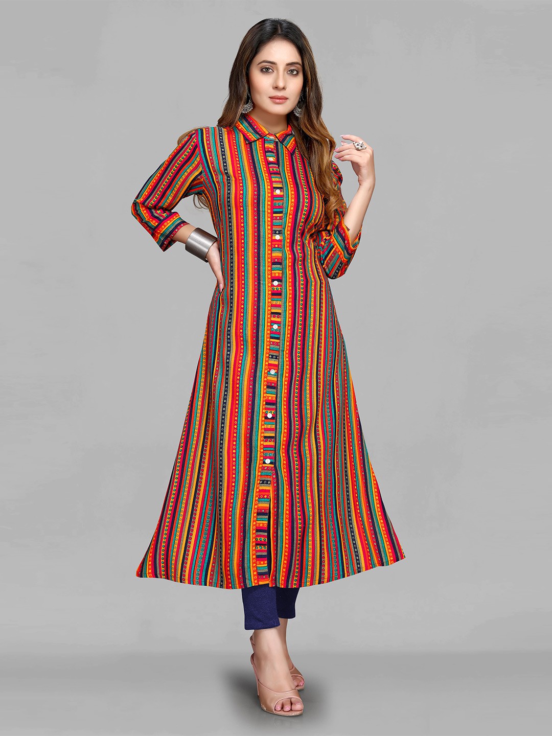 

MAIYEE Geometric Printed Shirt Collar A line Kurta, Orange
