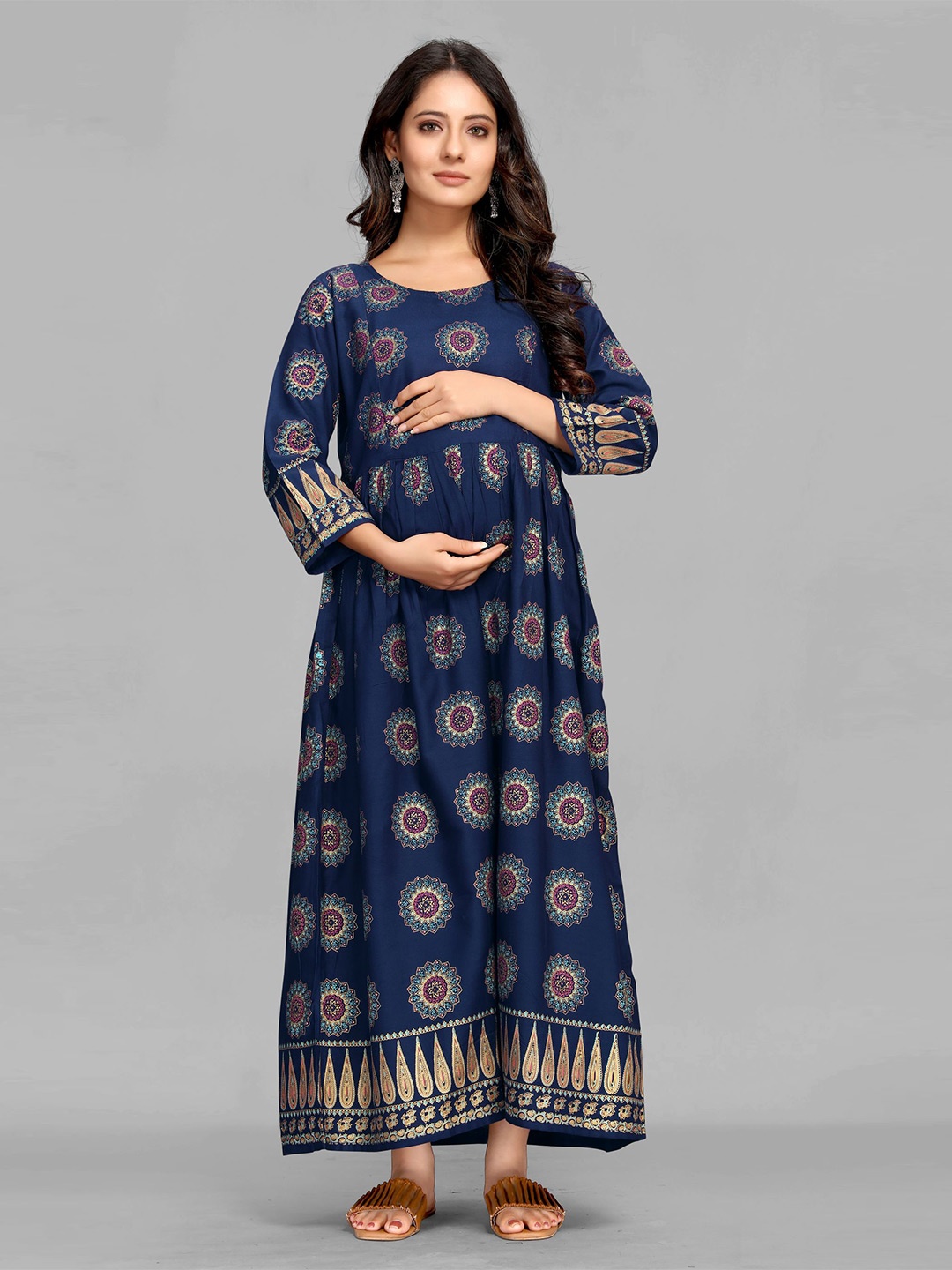

MAIYEE Ethnic Motifs Printed Maternity Maxi Dress, Navy blue