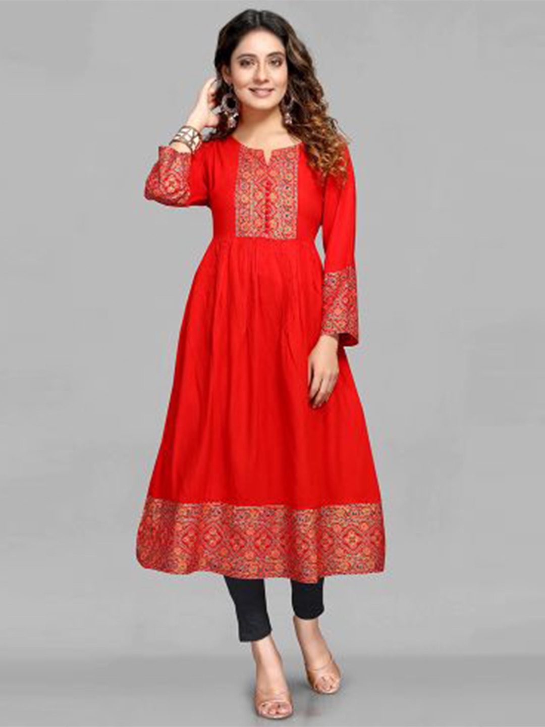 

MAIYEE Ethnic Printed Yoke Design Round Neck A-line Kurta, Red