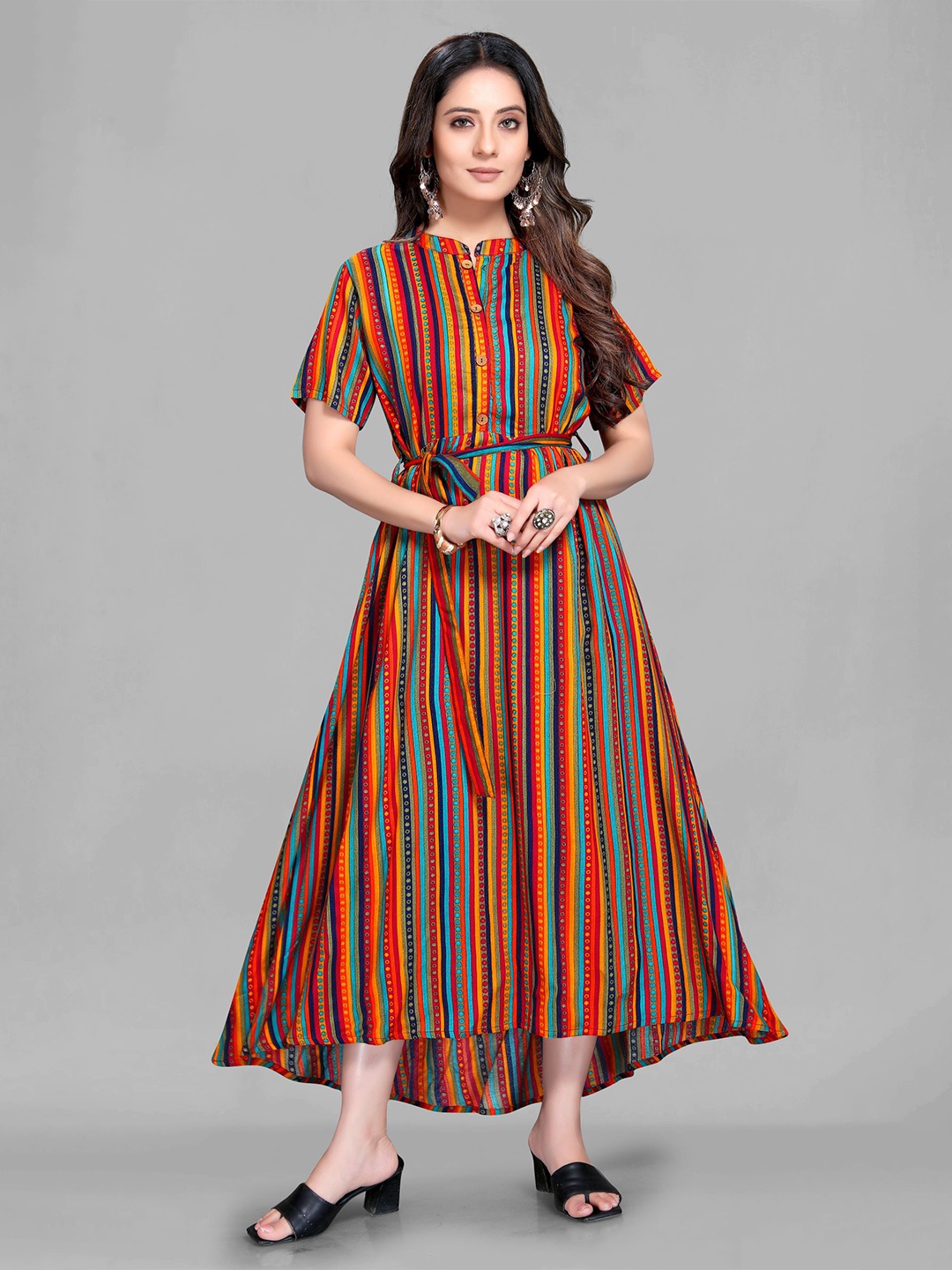 

MAIYEE Striped Mandarin Collar Short Sleeves Tie-Ups Fit & Flare Midi Ethnic Dress, Brown