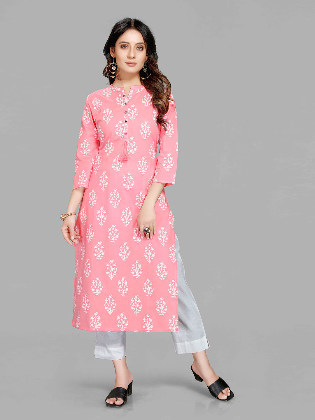 

MAIYEE Ethnic Printed Band Collar Straight Kurta, Pink