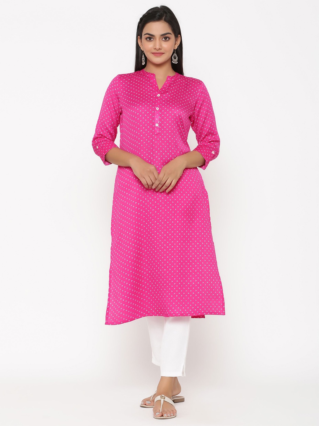 

MAIYEE Bandhani Print Band Collar Indie Prints Straight Kurta, Pink