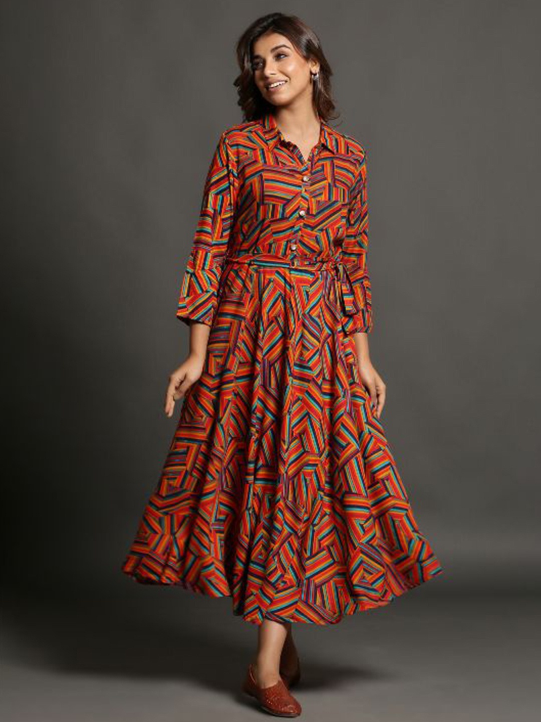 

MAIYEE Striped Shirt Collar Tie-Ups Fit & Flare Midi Ethnic Dress, Orange