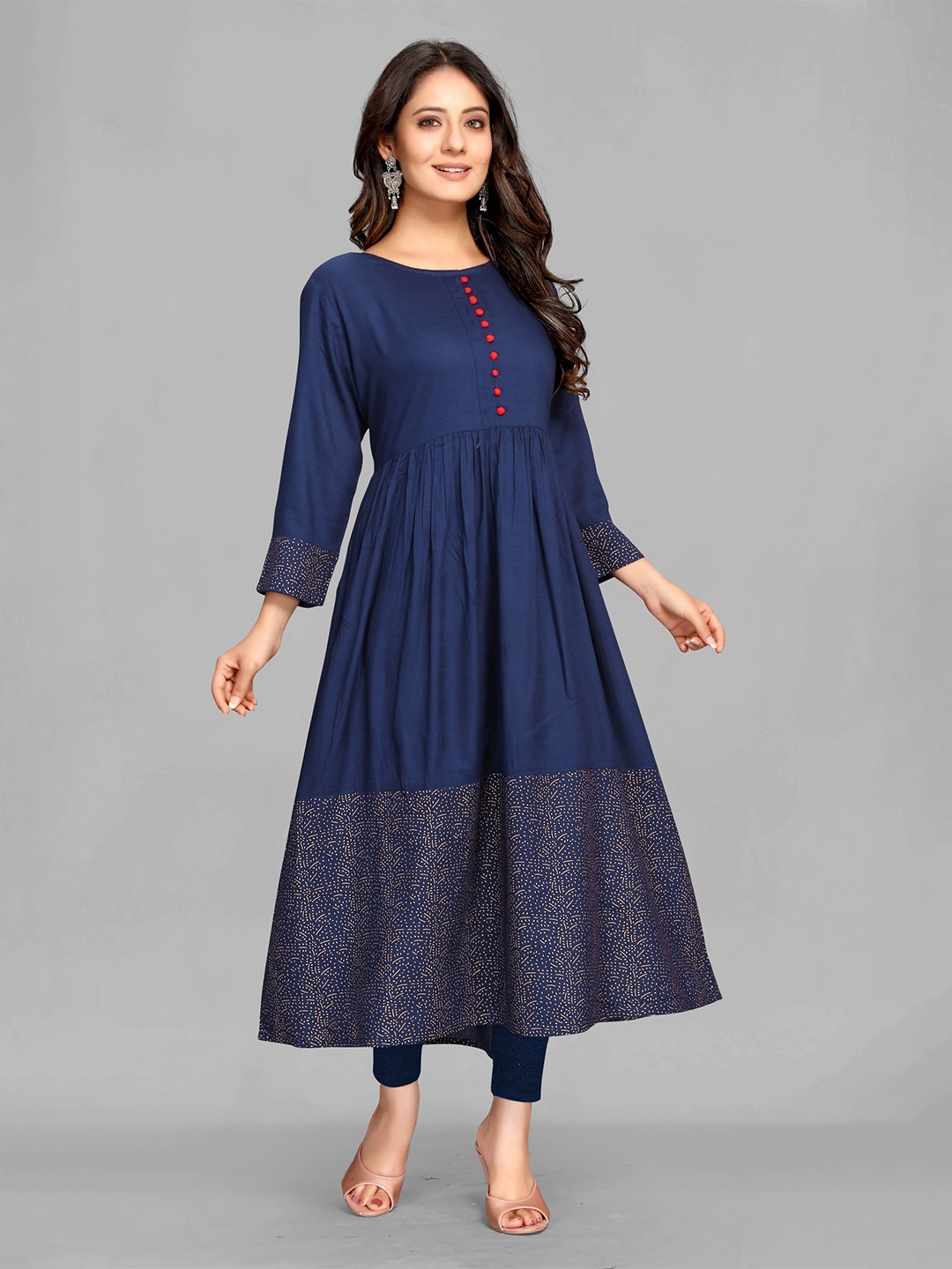 

MAIYEE Abstract Printed Round Neck Anarkali Kurta, Navy blue