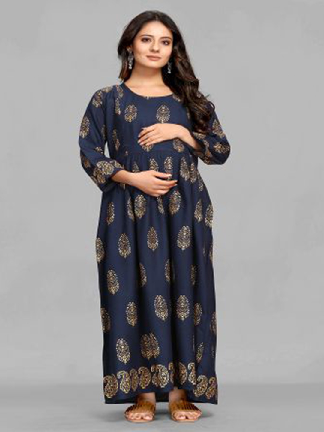 

MAIYEE Floral Printed Round Neck Maternity Fit & Flare Maxi Ethnic Dress, Navy blue