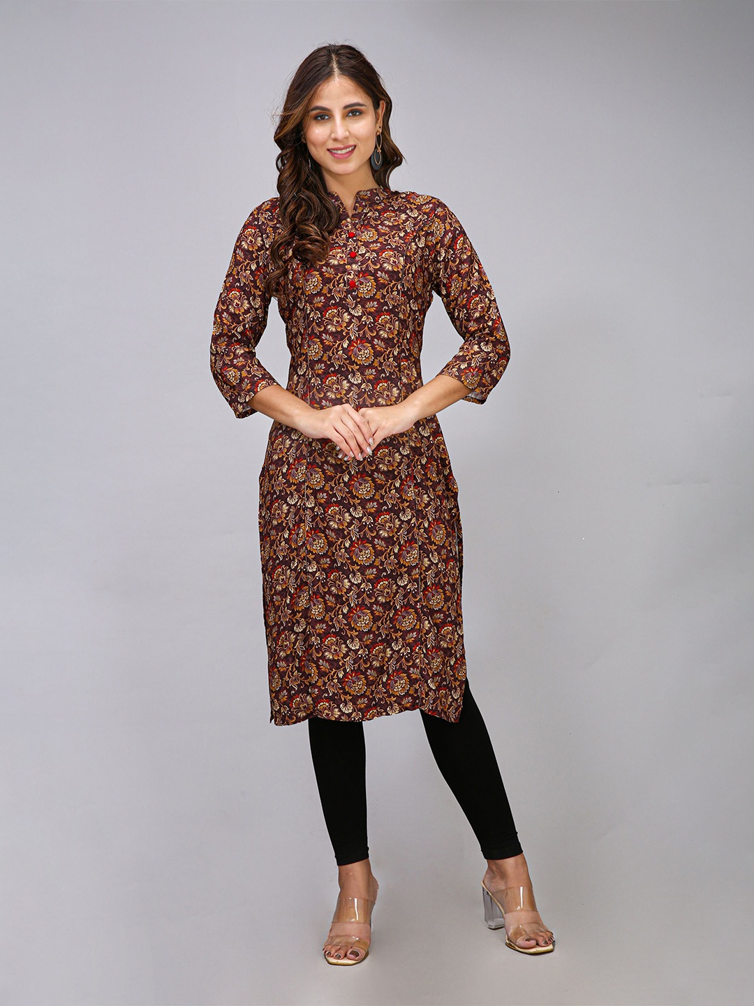 

MAIYEE Printed Straight Kurta, Brown