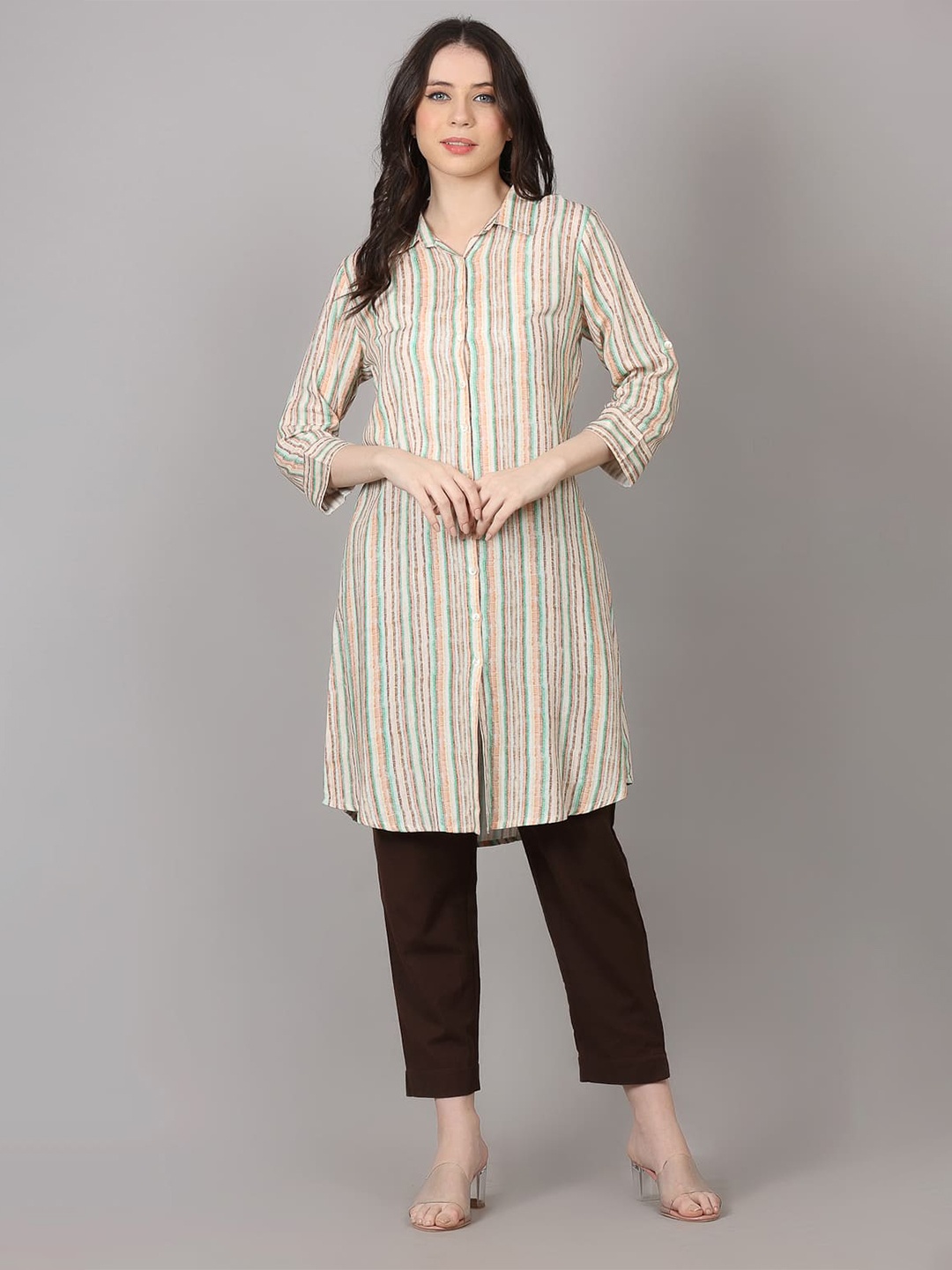 

MAIYEE Shirt Collar Striped A-line Kurta, Cream