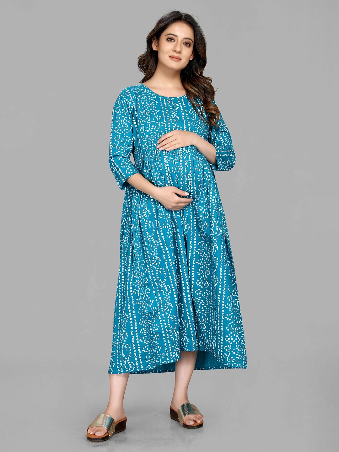 

MAIYEE Geometric Printed Maternity Cotton A-Line Midi Dress, Blue