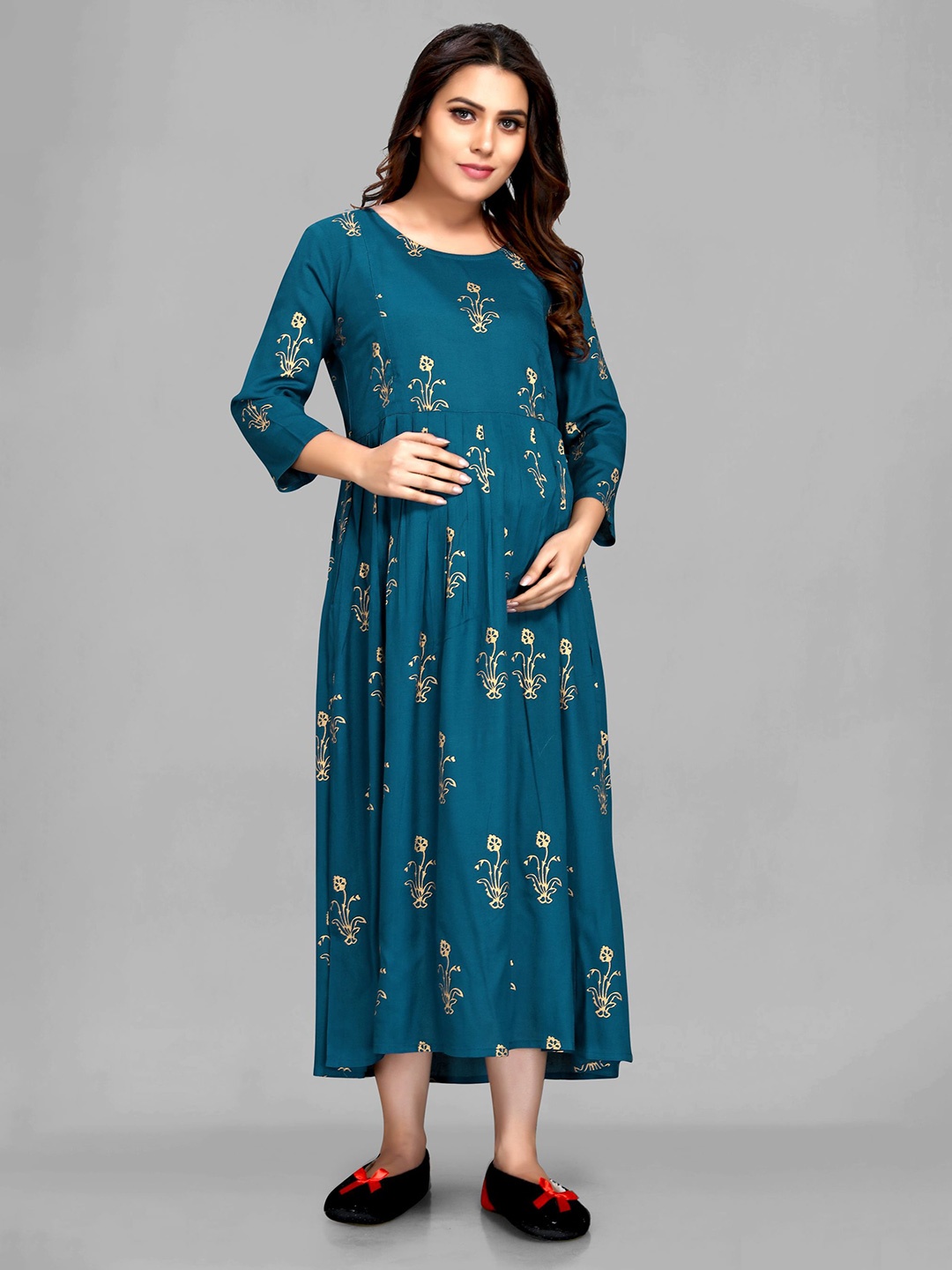 

MAIYEE Floral Print Maternity A-Line Midi Dress, Teal
