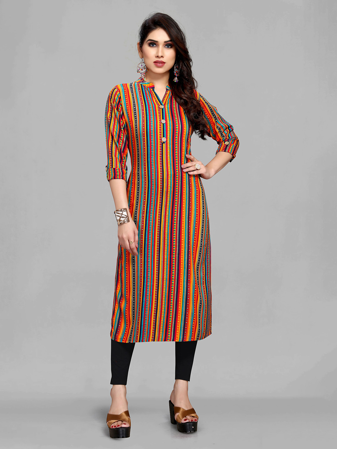 

MAIYEE Striped Printed Band Collar Straight Kurta, Orange