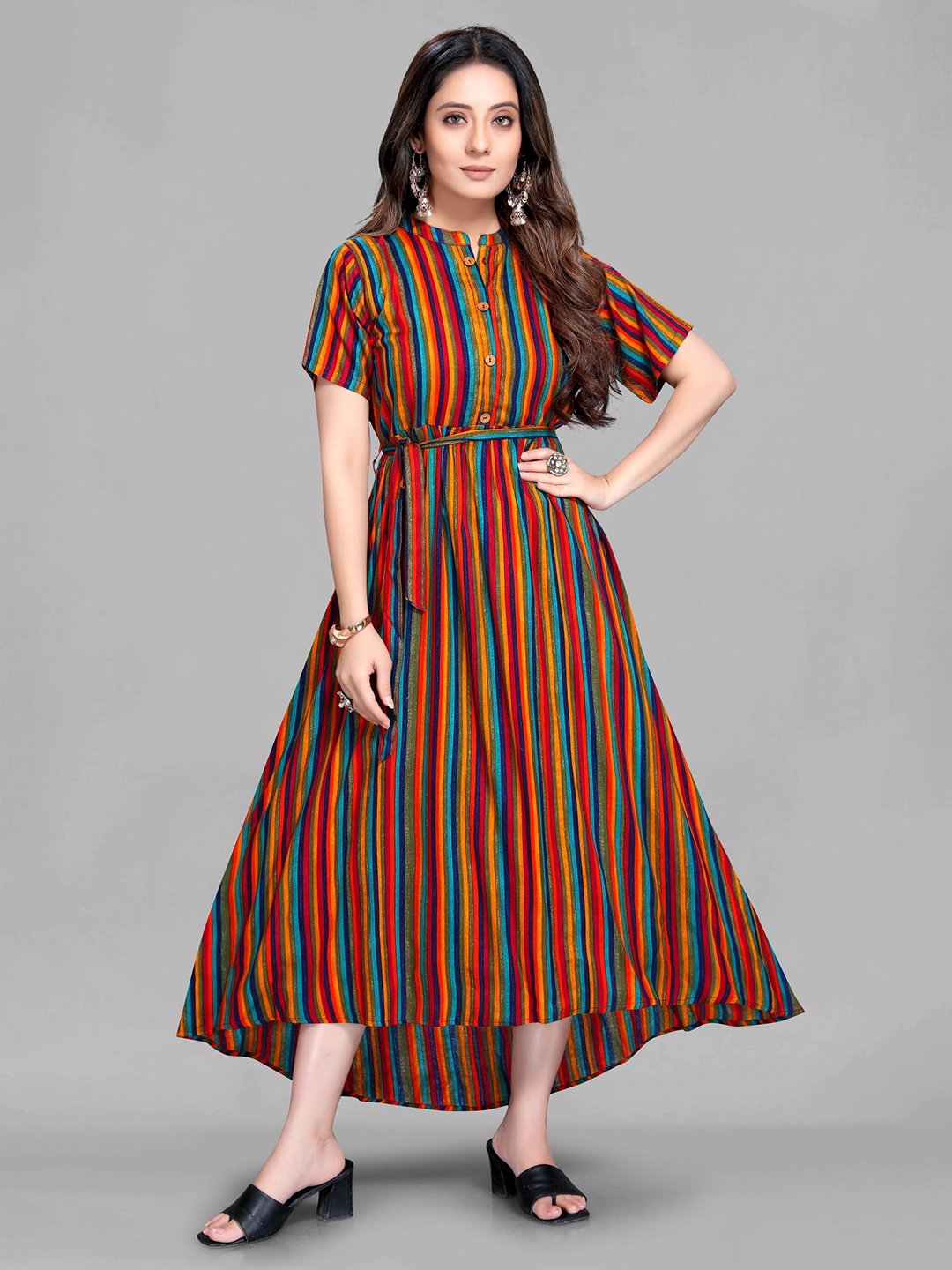 

MAIYEE Striped Mandarin Collar Short Sleeves Tie-Ups Fit & Flare Midi Ethnic Dress, Orange