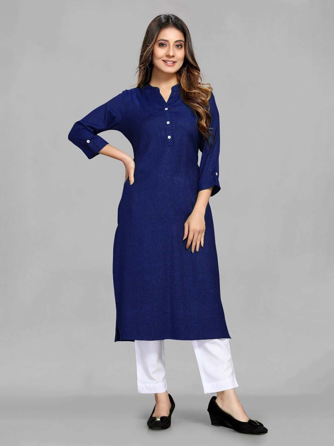 

MAIYEE Band Collar Straight Kurta, Navy blue