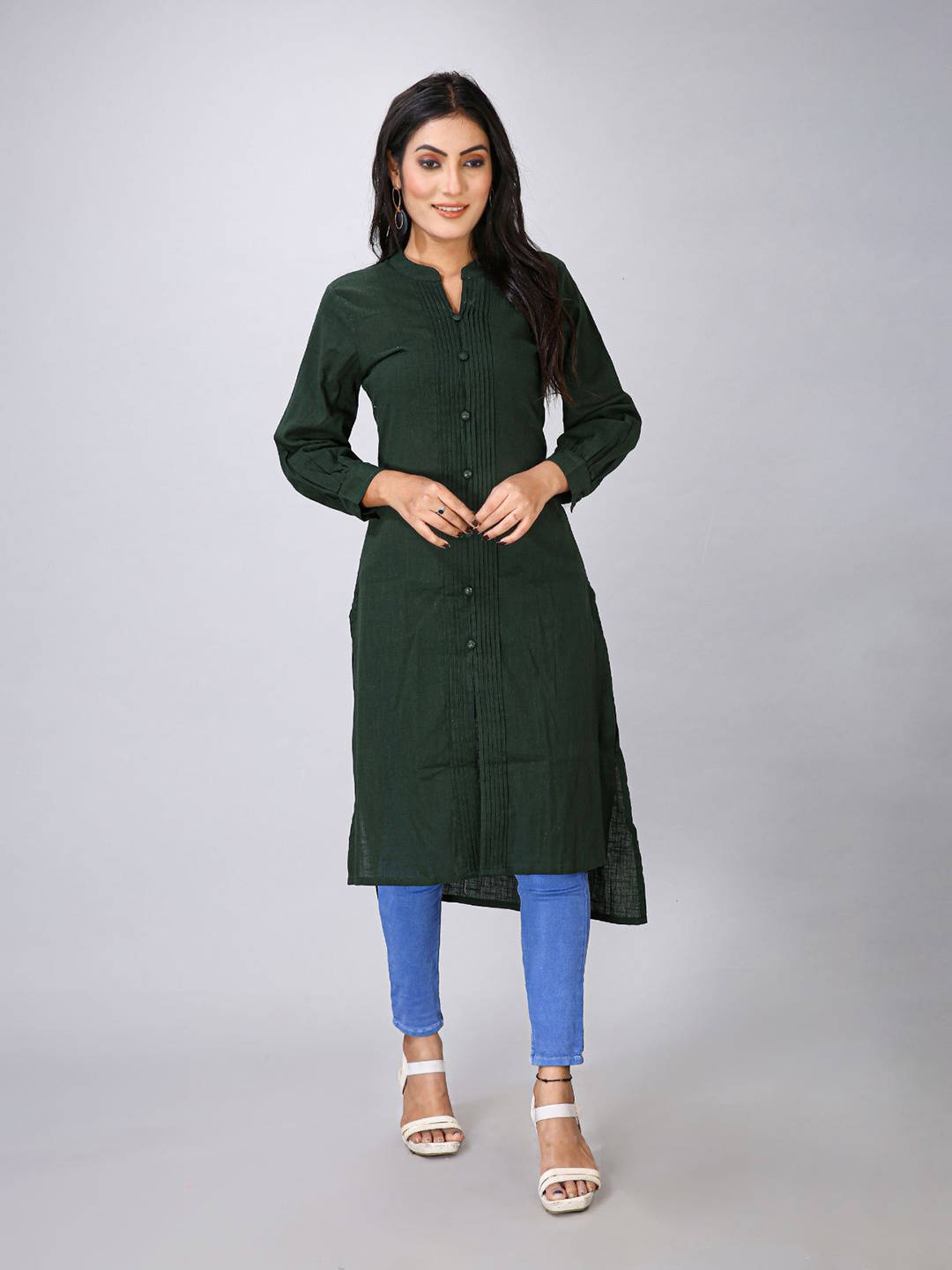 

MAIYEE Striped Band Collar Straight Kurta, Green