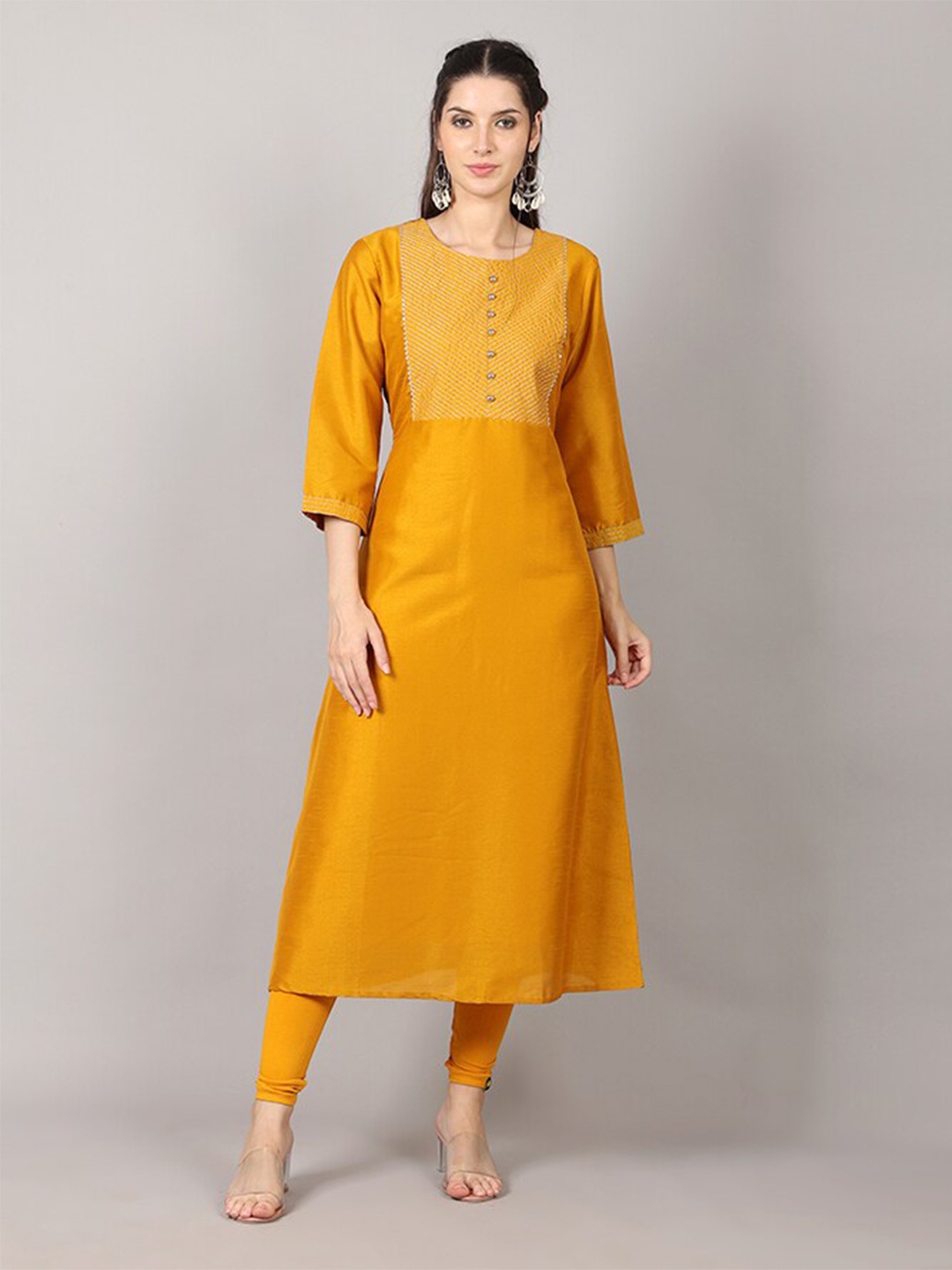 

MAIYEE A-Line Calf Length Kurta, Mustard