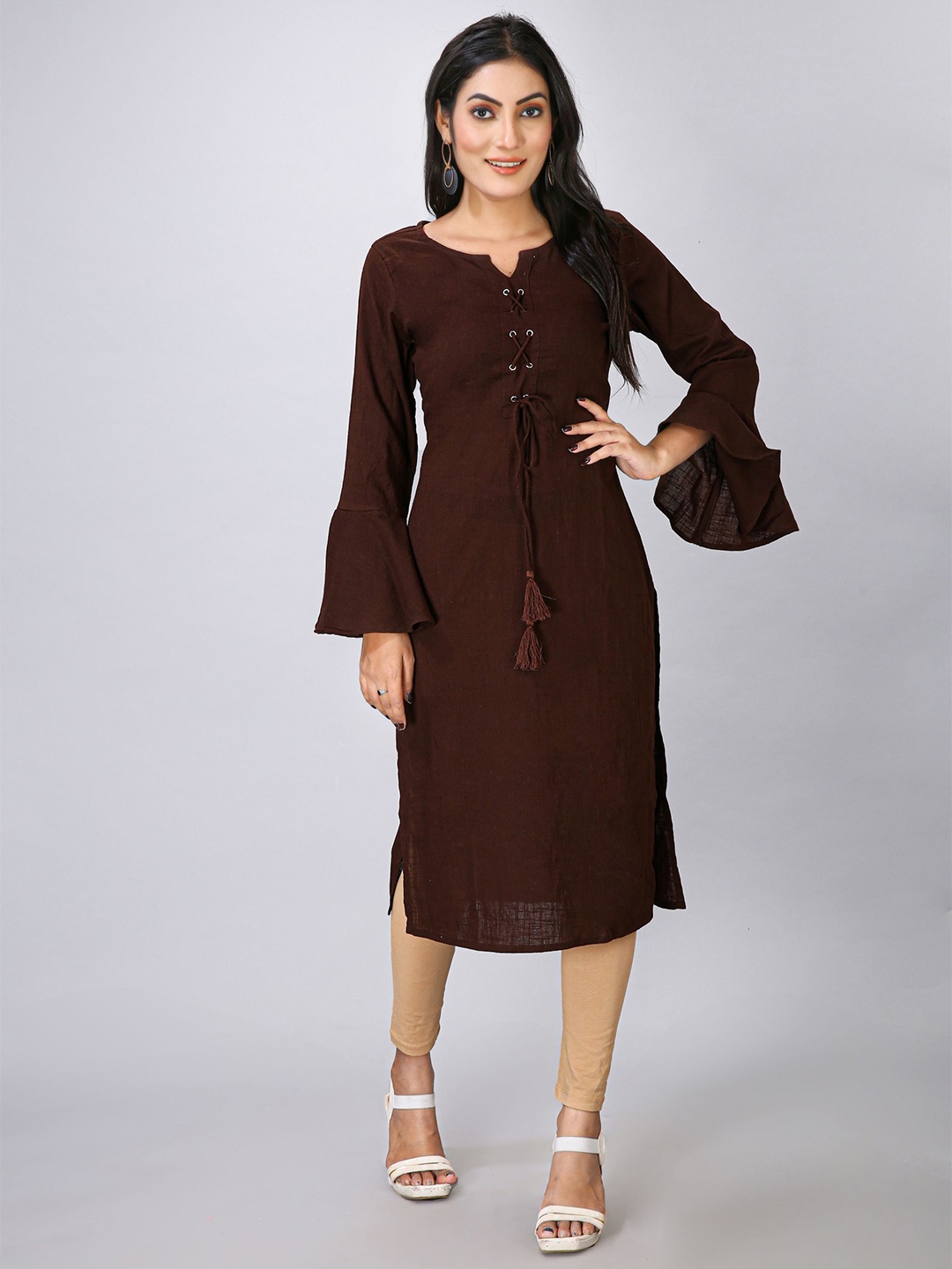 

MAIYEE Notched Neck Bell Sleeves Straight Kurta, Coffee brown