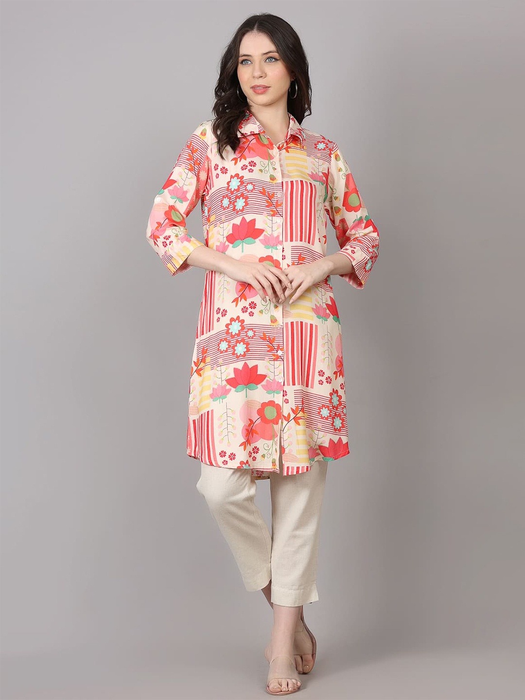 

MAIYEE Abstract Printed Shirt Collar Straight Kurti, Pink