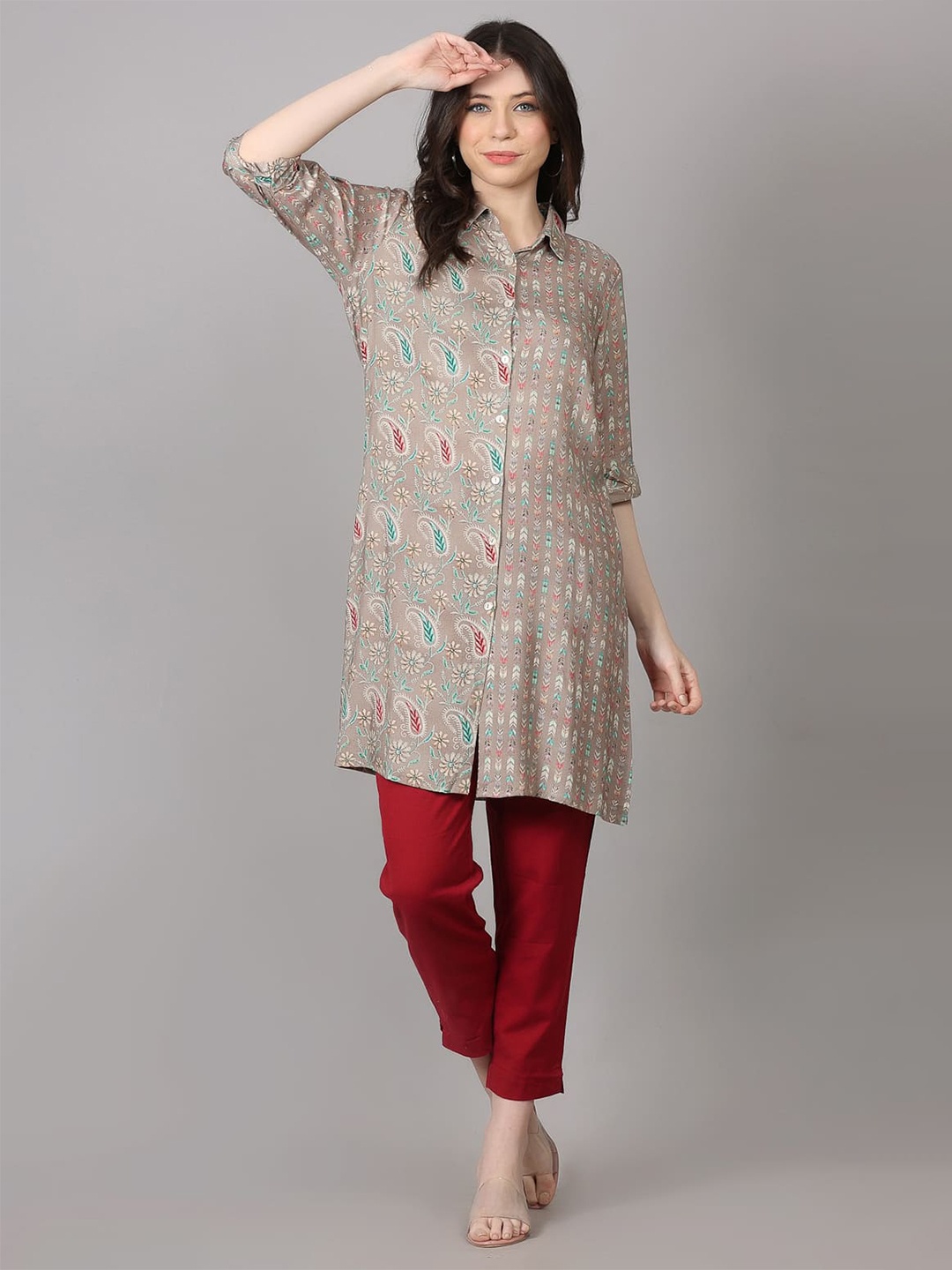 

MAIYEE Shirt Collar Ethnic Printed Straight Kurta, Grey