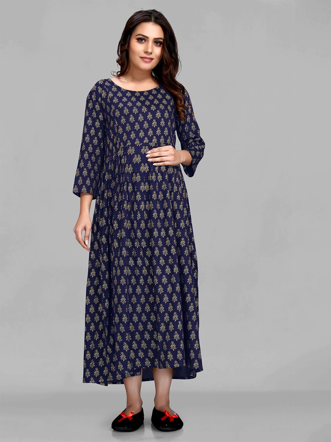 

MAIYEE Floral Printed Round Neck Maternity Fit & Flare Maxi Ethnic Dress, Blue
