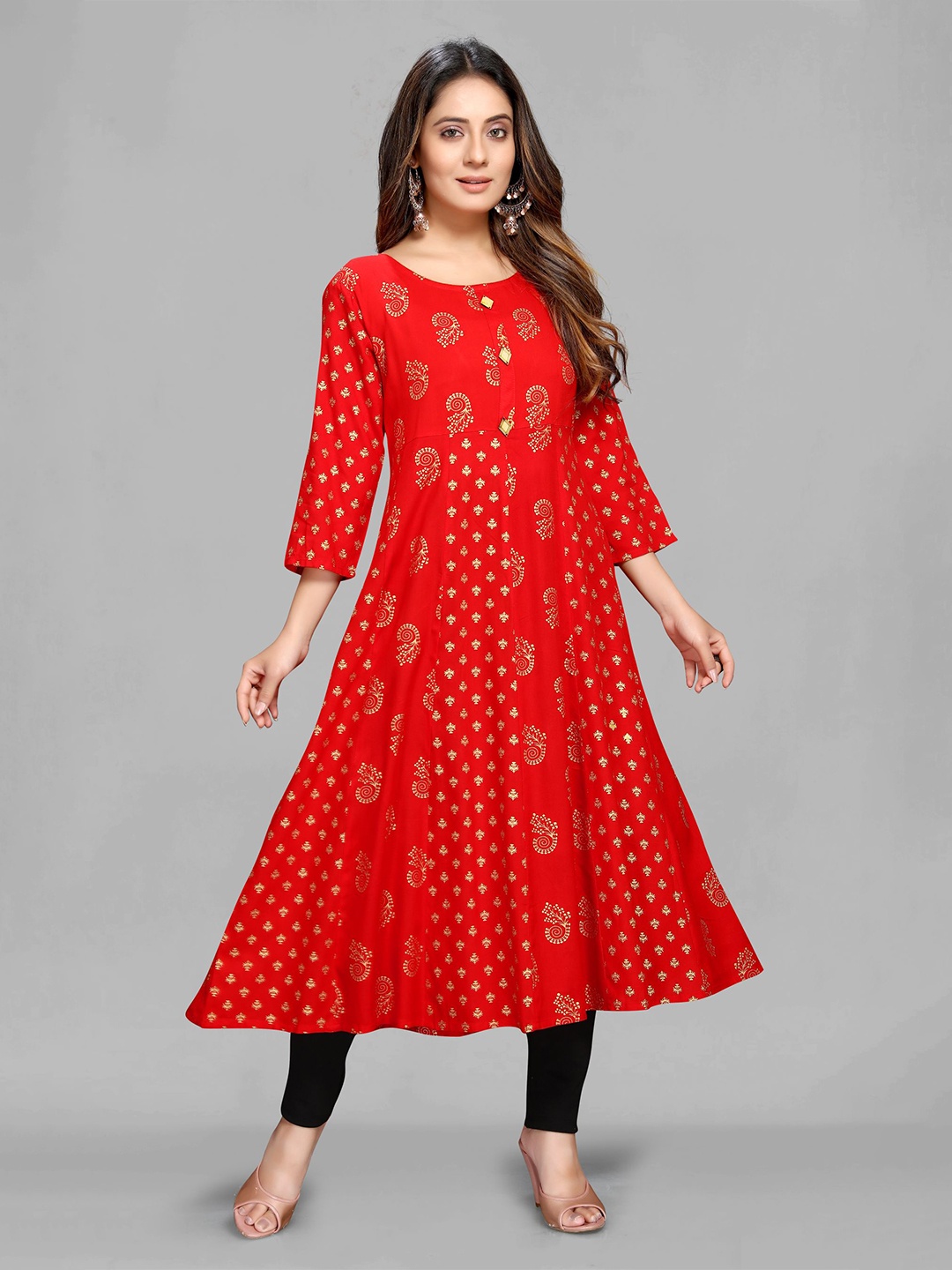 

MAIYEE Ethnic Motifs Round Neck Anarkali Kurta, Red