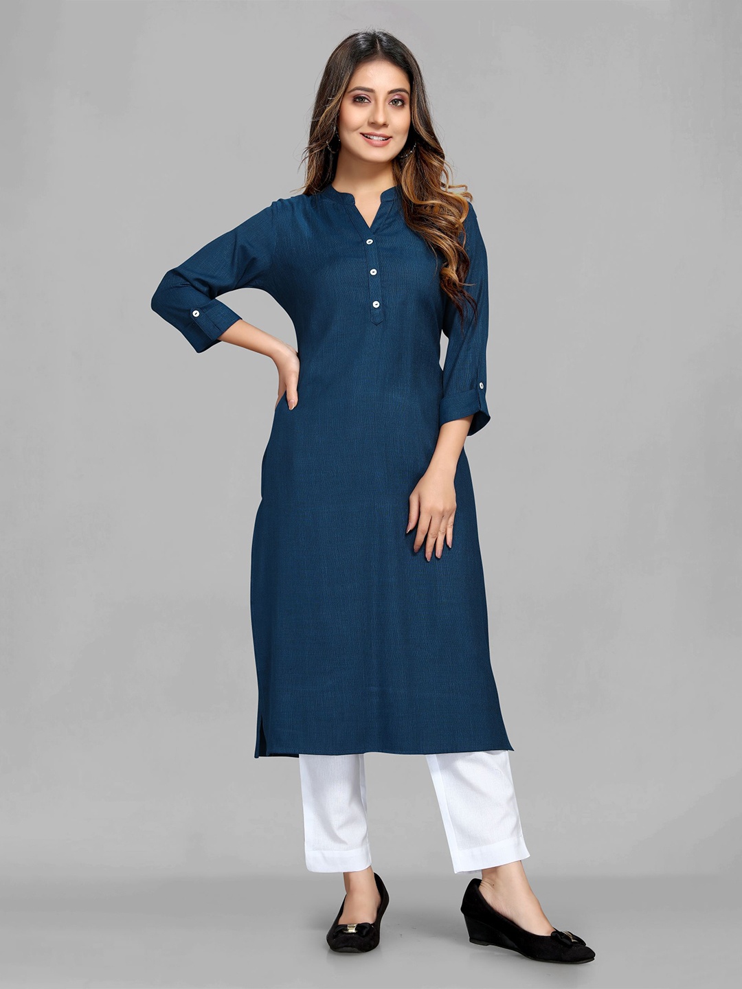 

MAIYEE Band Collar Straight Kurta, Blue