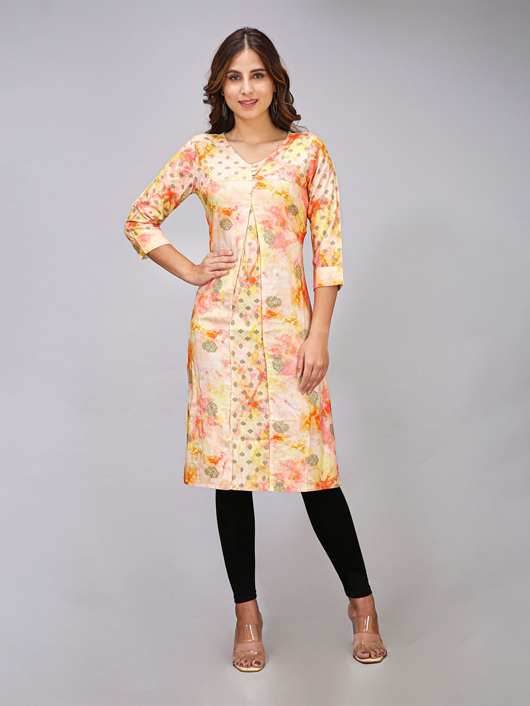 

MAIYEE Tie & Dye Ethnic Motifs Print V-Neck Straight Kurta, Orange