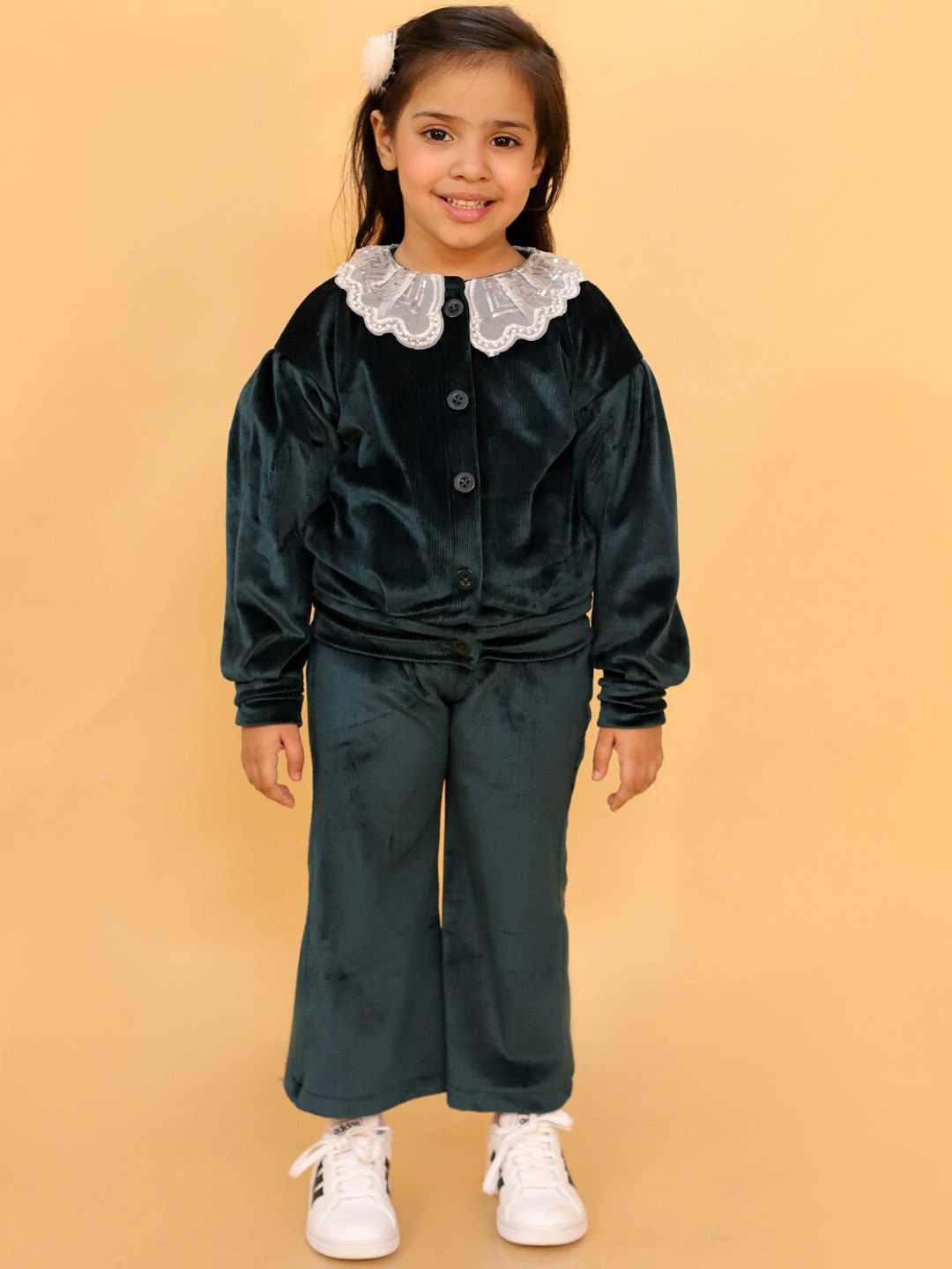 

Stuffie Land Girls Peter Pan Collar Top With Trousers, Green