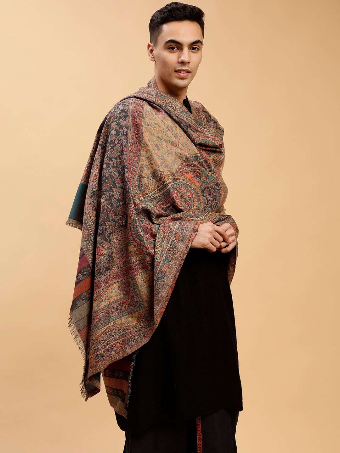

Tweedle Men Self Design Woollen Shawl, Black