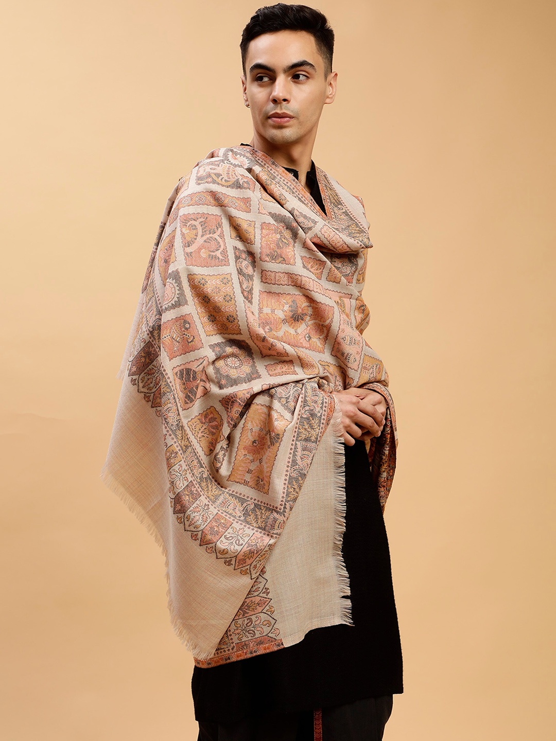 

Tweedle Graphic Woven-Design Woollen Shawl, Beige