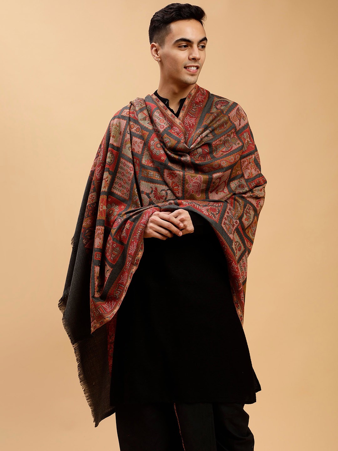 

Tweedle Geometric Woven-Design Woollen Shawl, Grey