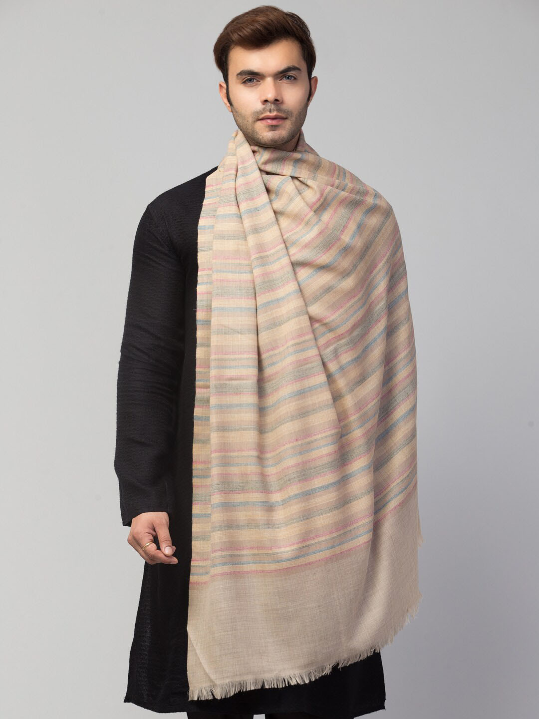 

Tweedle Men Striped Woollen Shawl, Beige