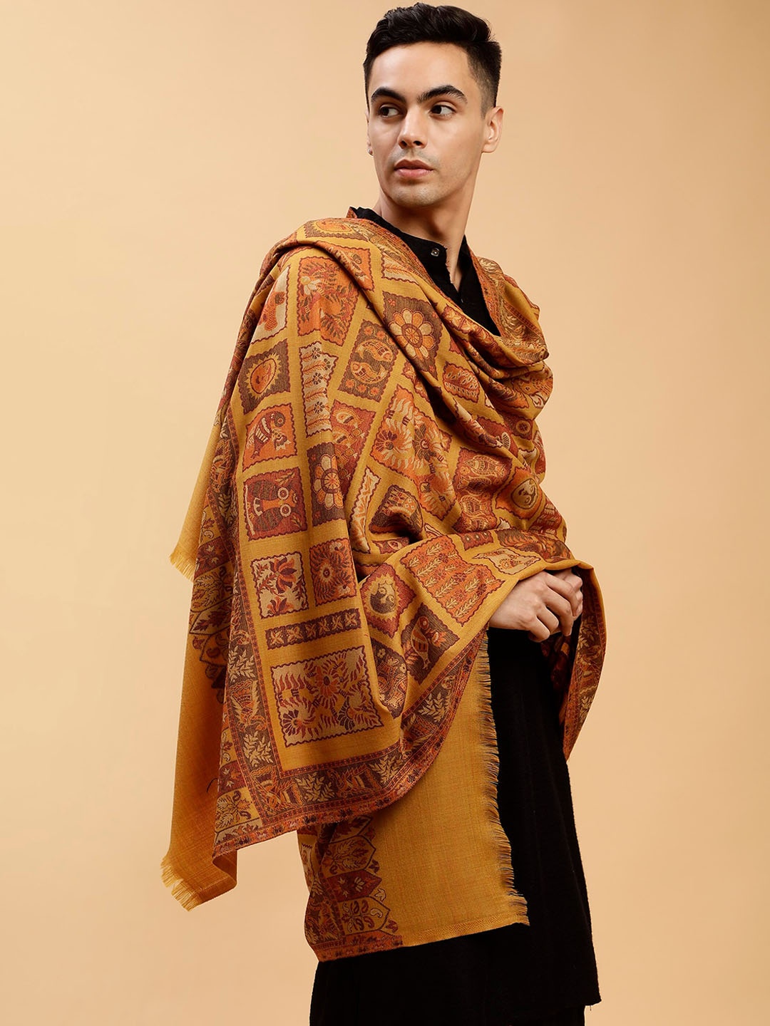 

Tweedle Men Woven Design Pure Woollen Shawl, Mustard