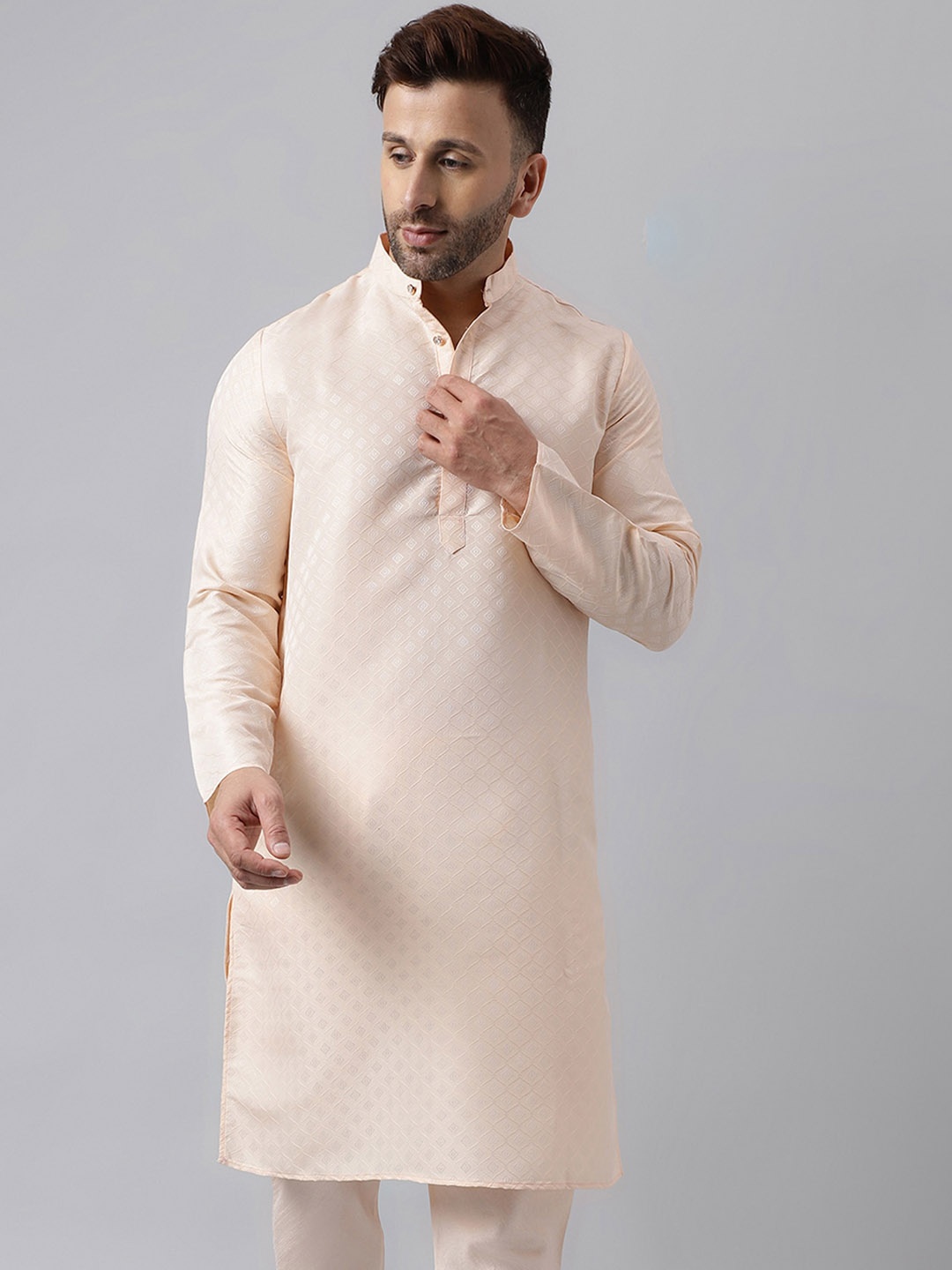 

Hangup Geometric Woven Design Mandarin Collar Straight Kurta, Cream