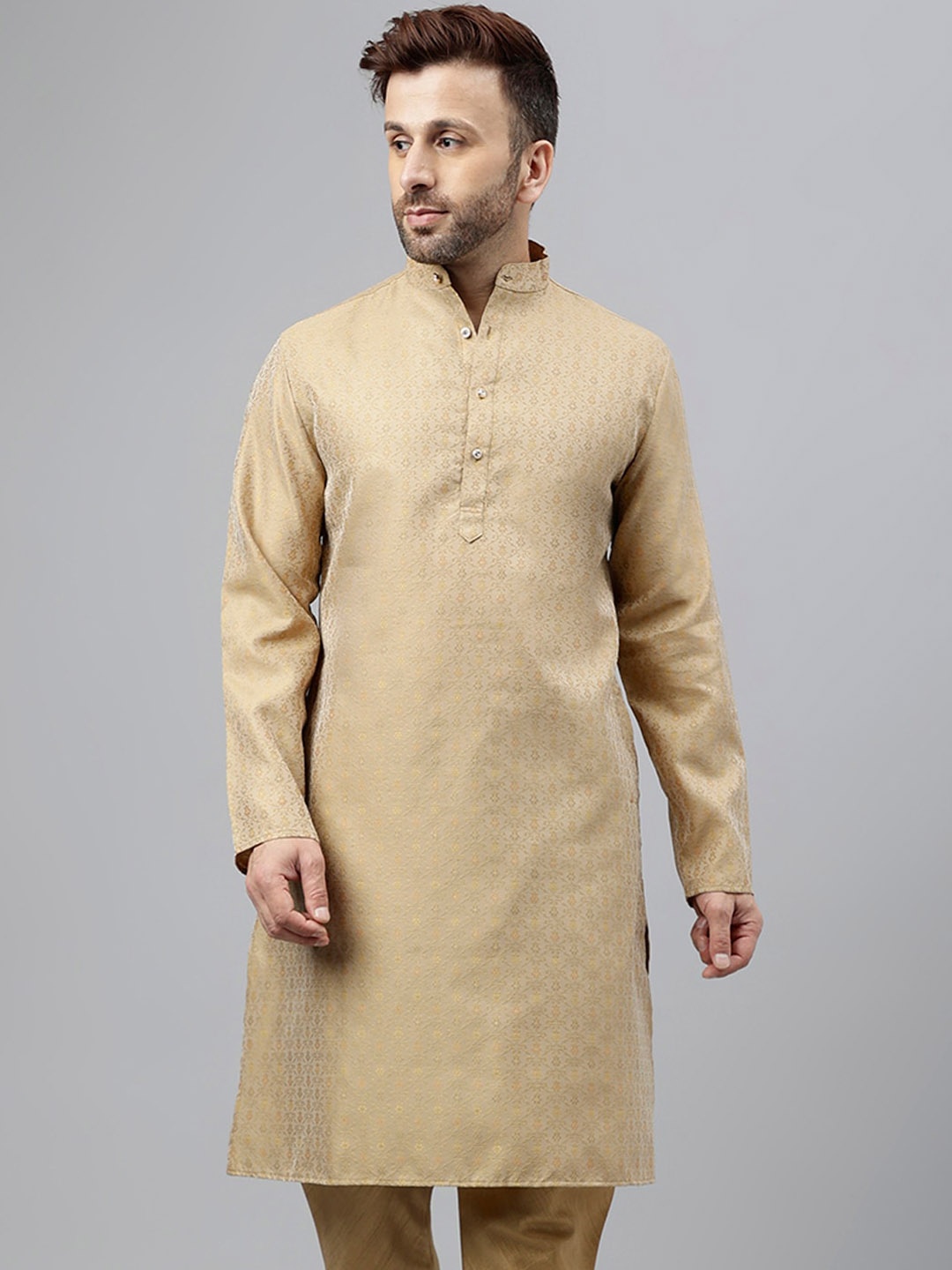 

Hangup Ethnic Motifs Woven Design Mandarin Collar Straight Kurta, Khaki