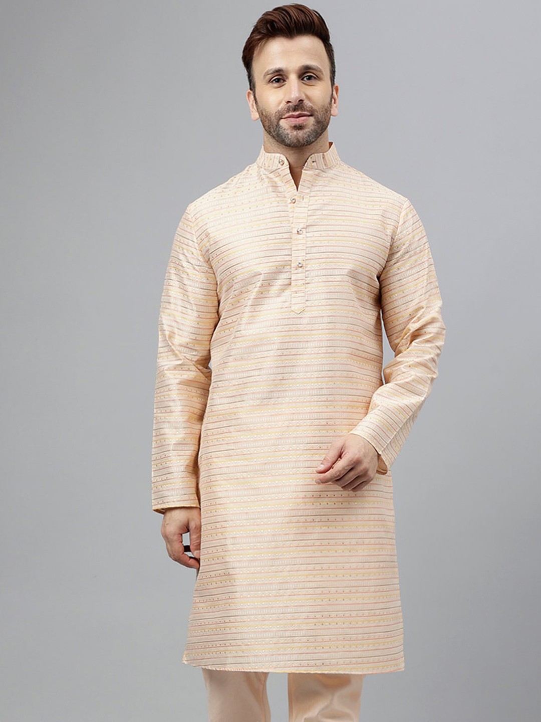

Hangup Striped Mandarin Collar A-Line Kurta, Cream