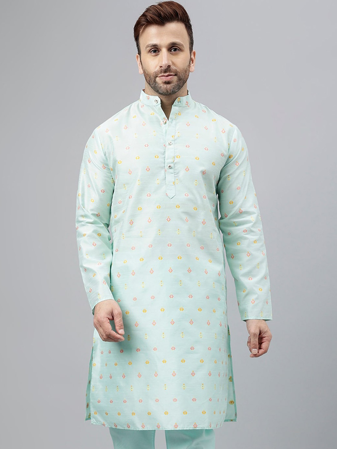

Hangup Geometric Woven Design Mandarin Collar Straight Kurta, Blue