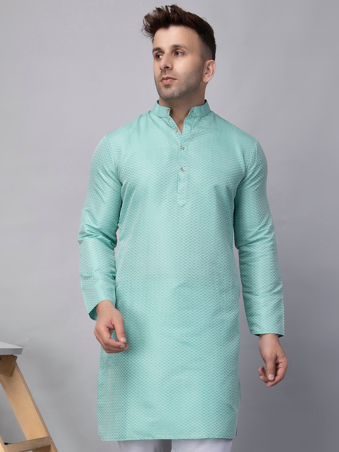 

Hangup Geometric Mandarin Collar A-Line Kurta, Blue