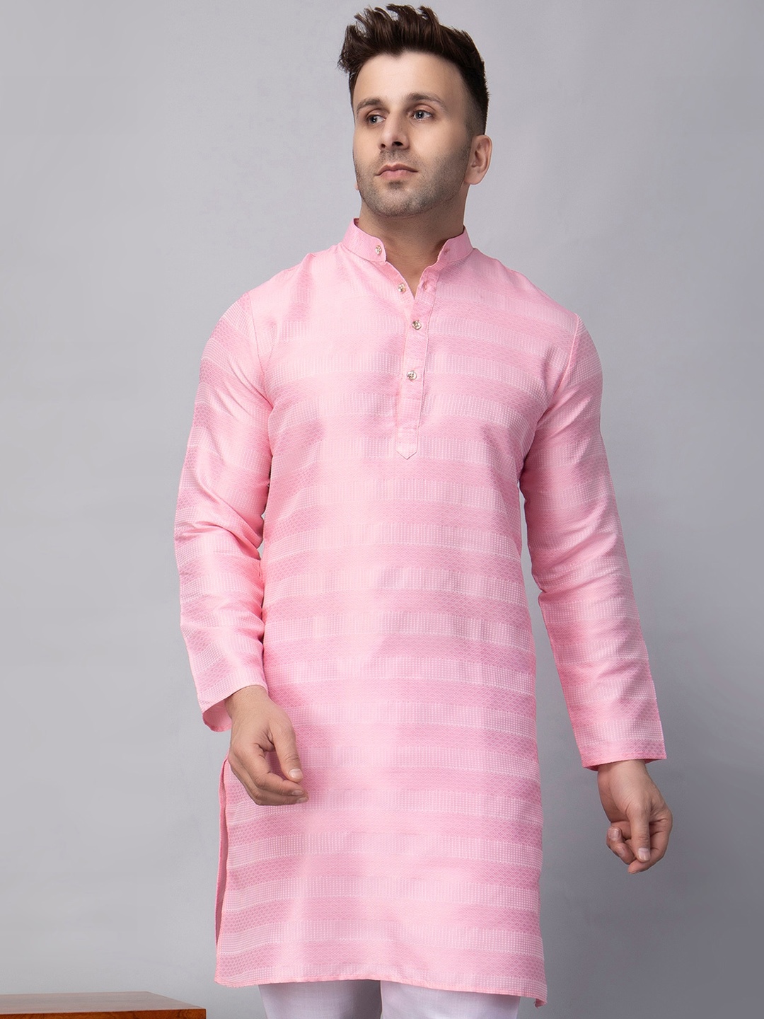 

Hangup Geometric Woven Design Mandarin Collar Straight Kurta, Pink