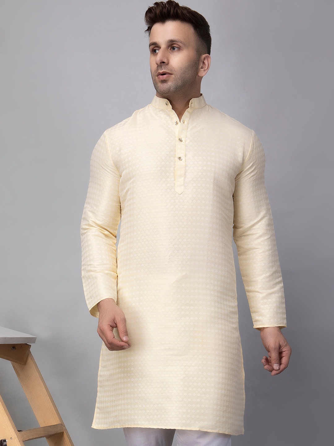 

Hangup Geometric Woven Design Mandarin Collar Straight Kurta, Cream