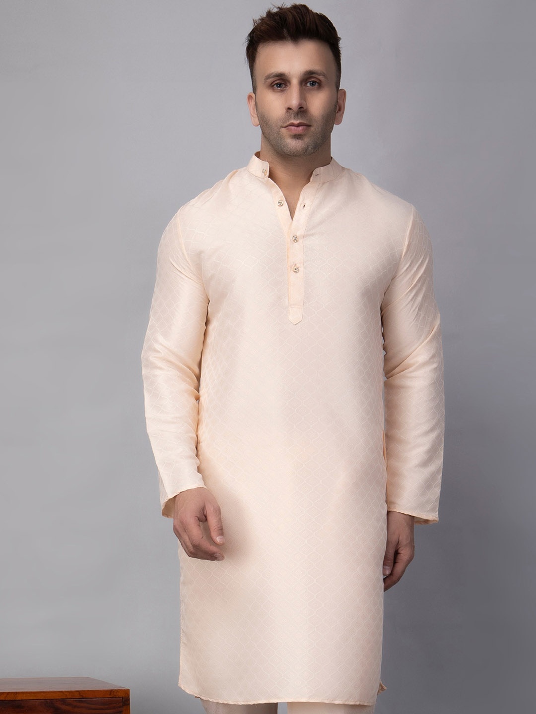 

Hangup Ethnic Motifs Woven Design Mandarin Collar Straight Kurta, Pink