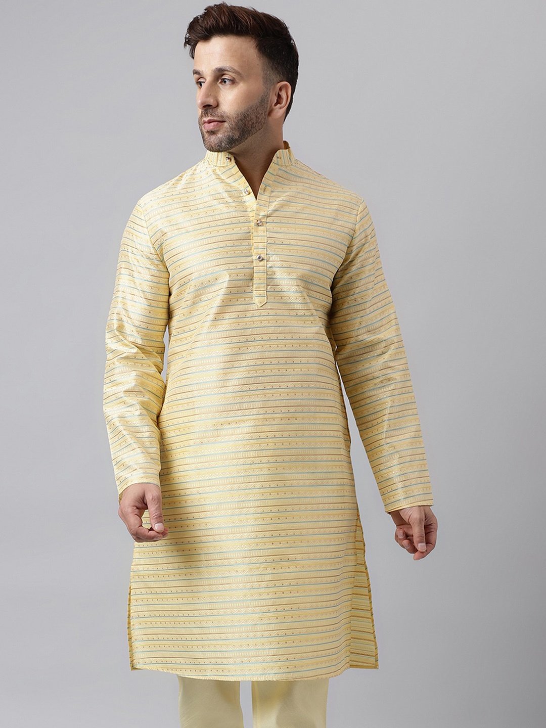 

Hangup Ethnic Motifs Woven Mandarin Design Collar Straight Kurta, Cream