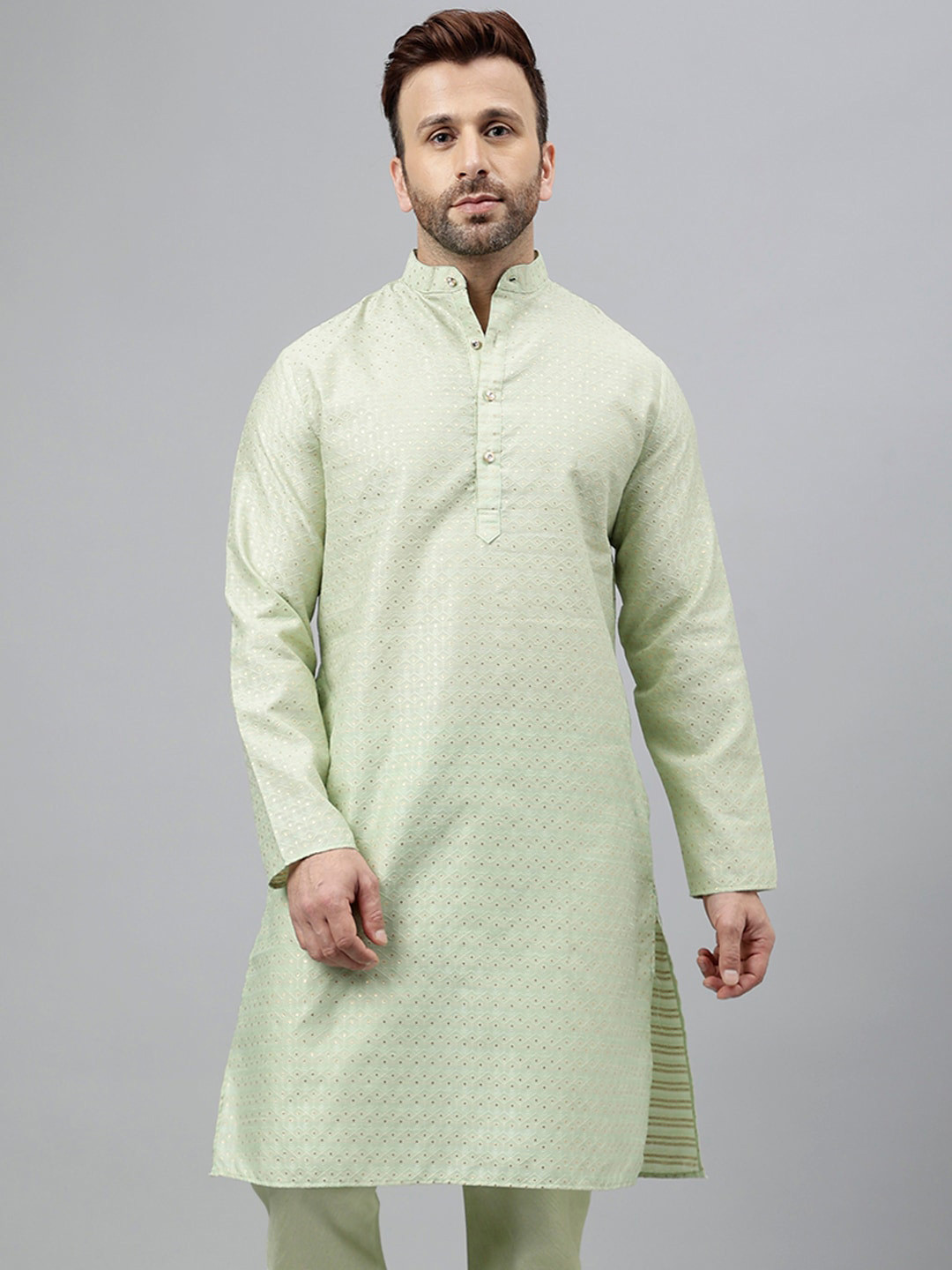 

Hangup Geometric Woven Design Mandarin Collar Straight Kurta, Green