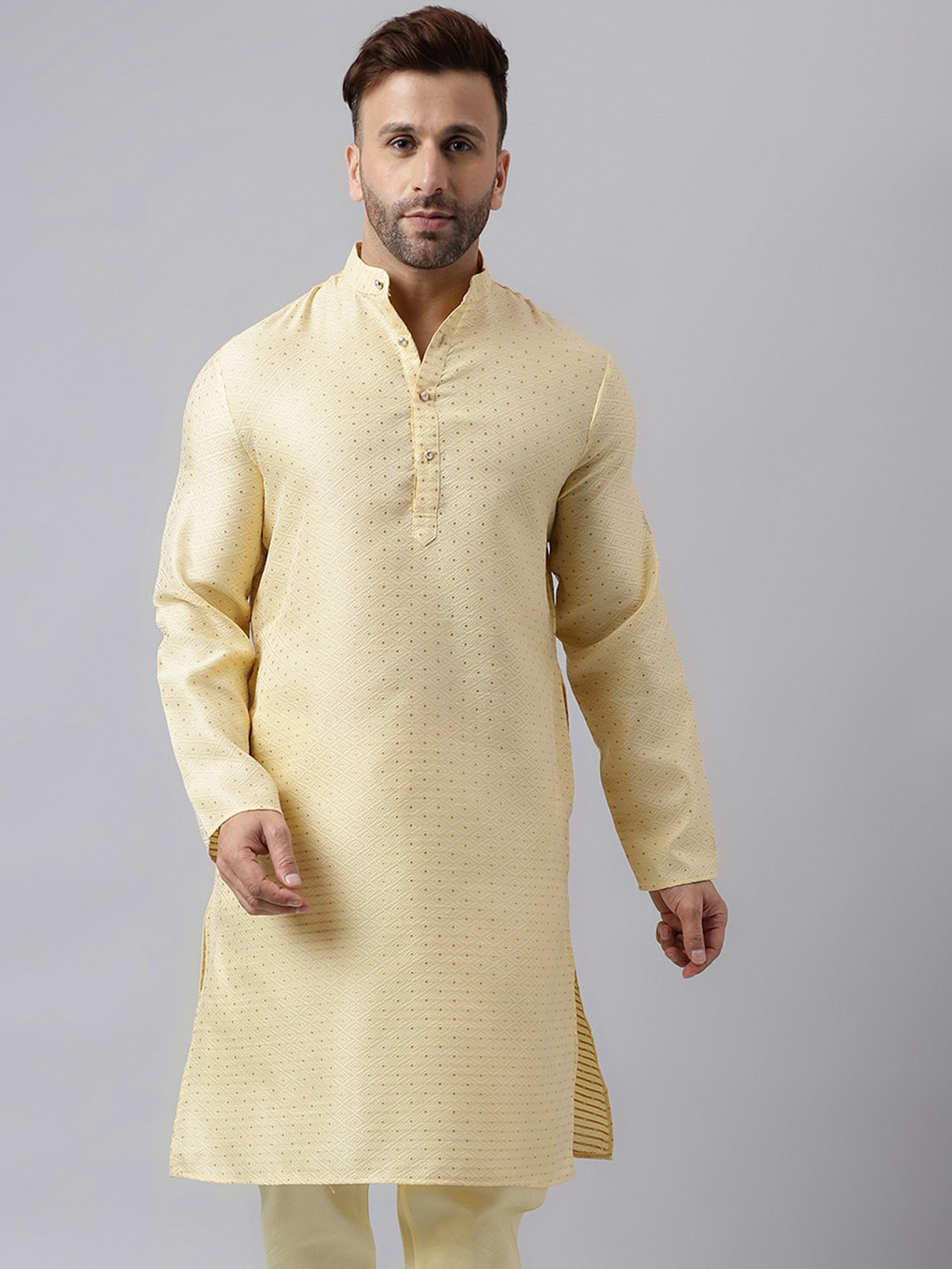 

hangup plus Woven Design Mandarin Collar Full Sleeves Straight Kurta, Cream