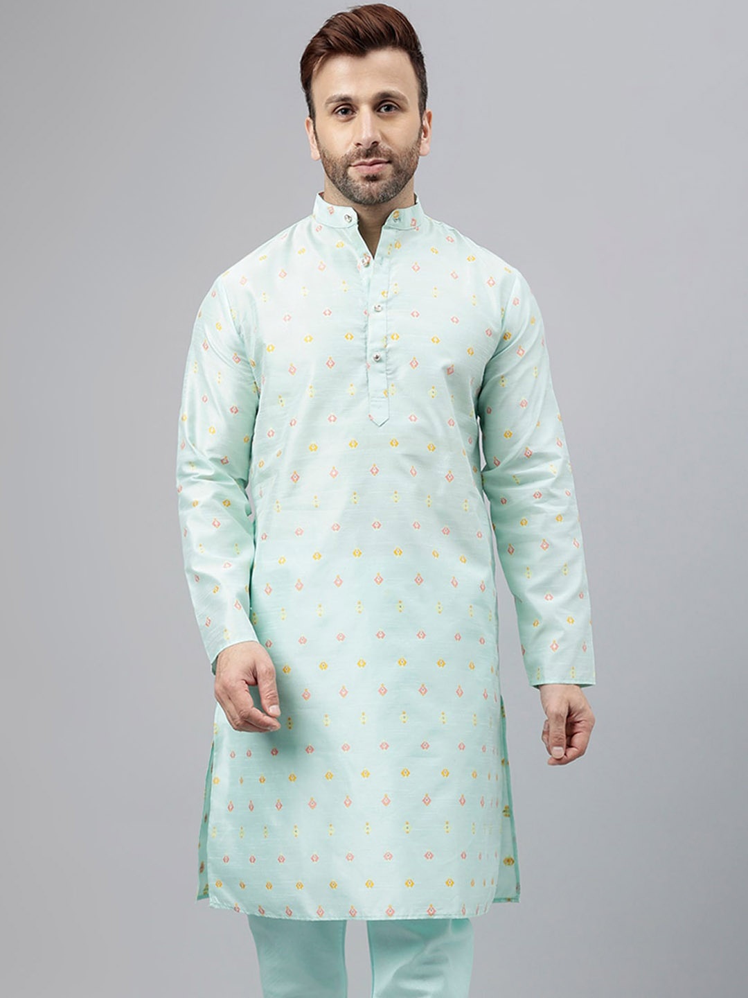 

hangup plus Embroidered Mandarin Collar Full Sleeves Thread Work Straight Kurta, Blue
