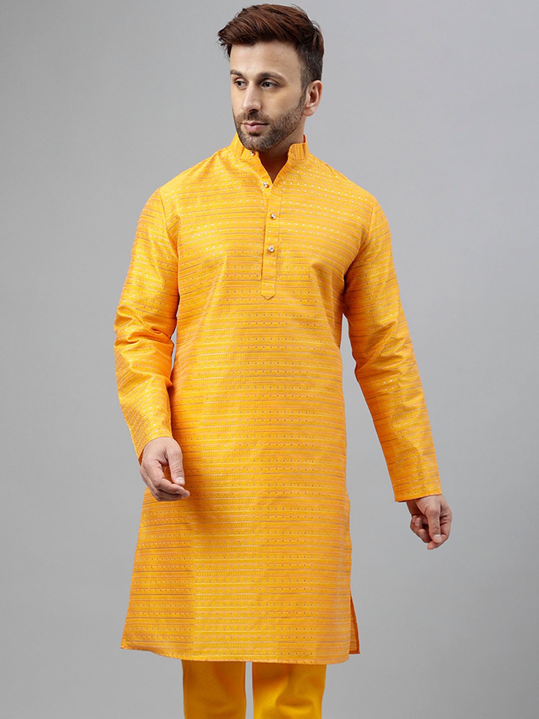

hangup plus Embroidered Mandarin Collar Full Sleeves Sequins Straight Kurta, Orange