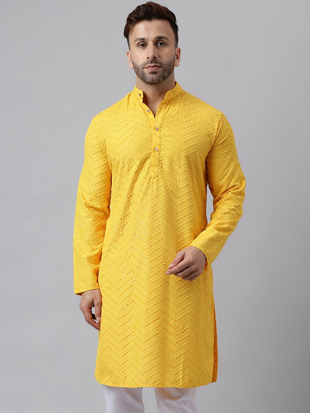 

hangup plus Embroidered Mandarin Collar A-Line Kurta, Yellow