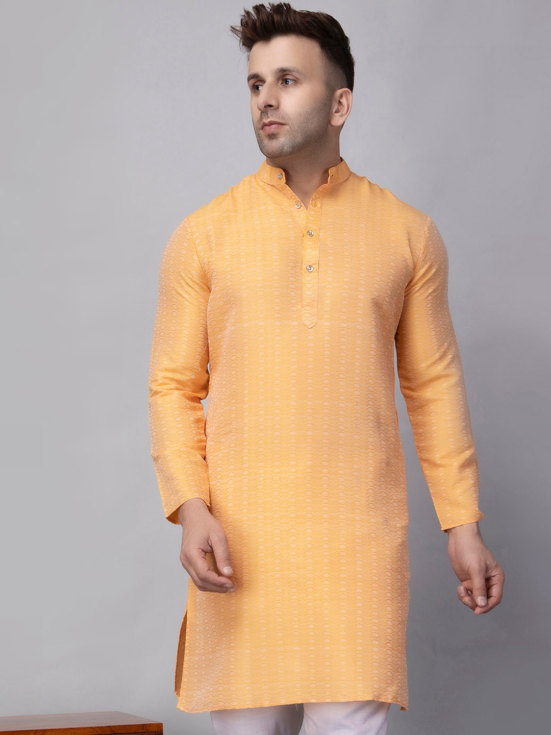 

hangup plus Abstract Woven Design Printed Mandarin Collar Long Sleeves Straight Kurta, Orange