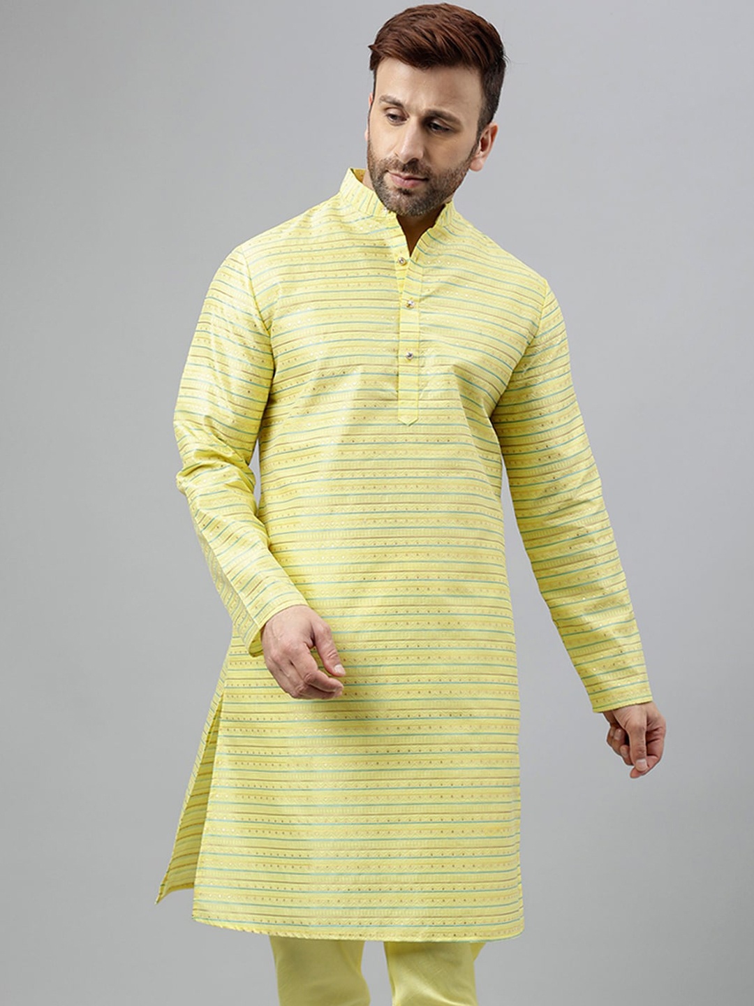 

hangup plus Embroidered Mandarin Collar Full Sleeves Sequins Straight Kurta, Yellow