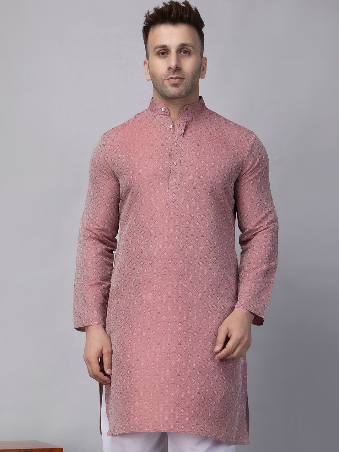 

hangup plus Embroidered Mandarin Collar Full Sleeves Thread Work Straight Kurta, Pink